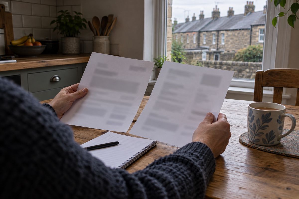 Hands comparing two printed quotes at a kitchen table