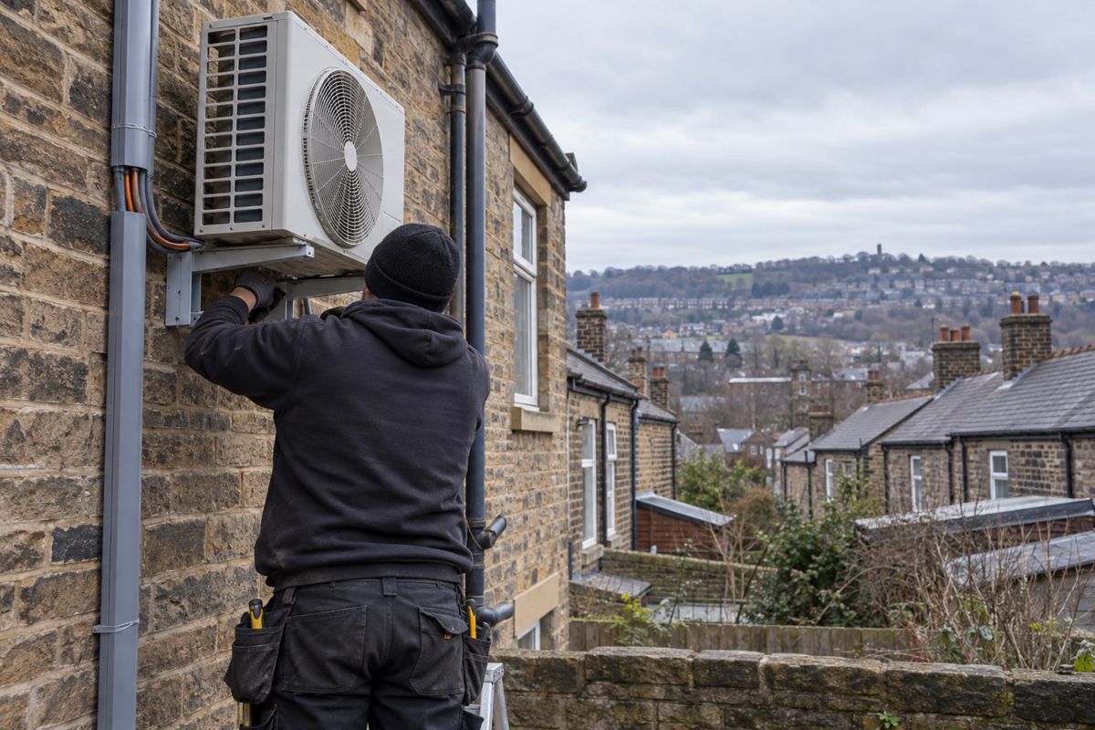 Outdoor air conditioning unit being fitted to a stone terrace wall