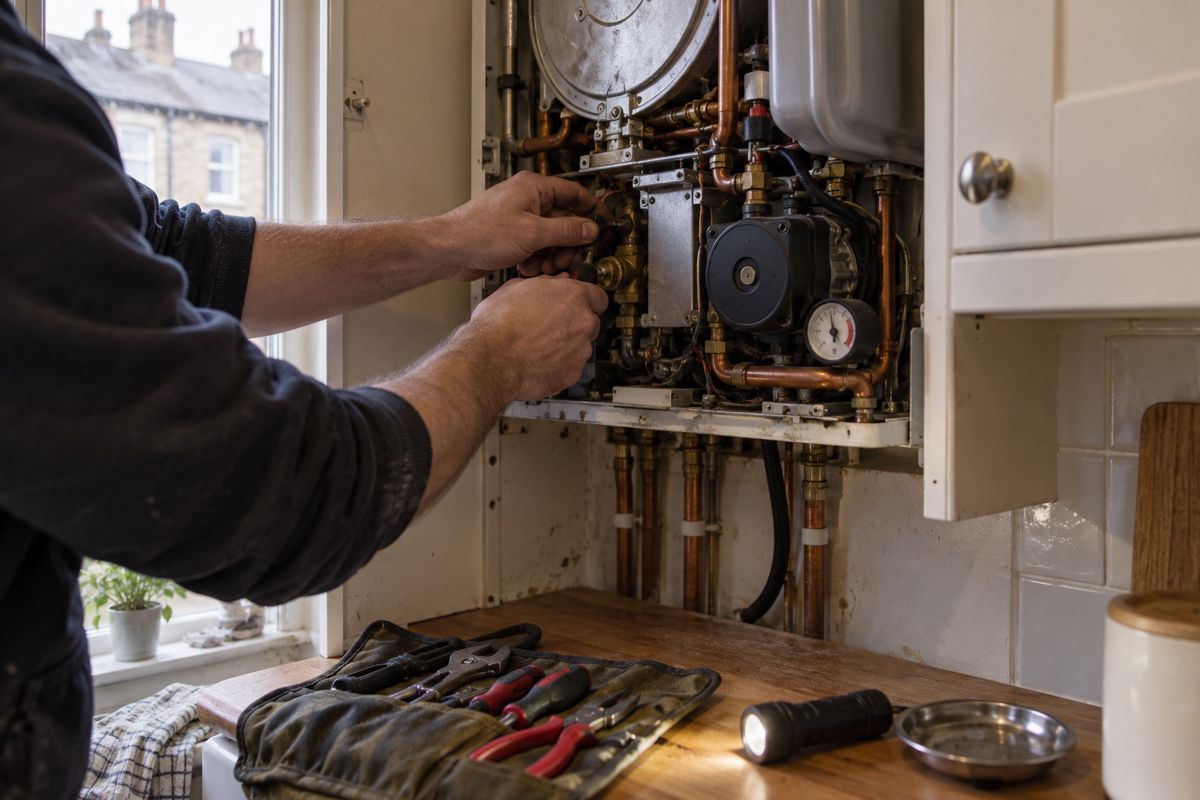 Engineer working on an open combi boiler in a kitchen cupboard