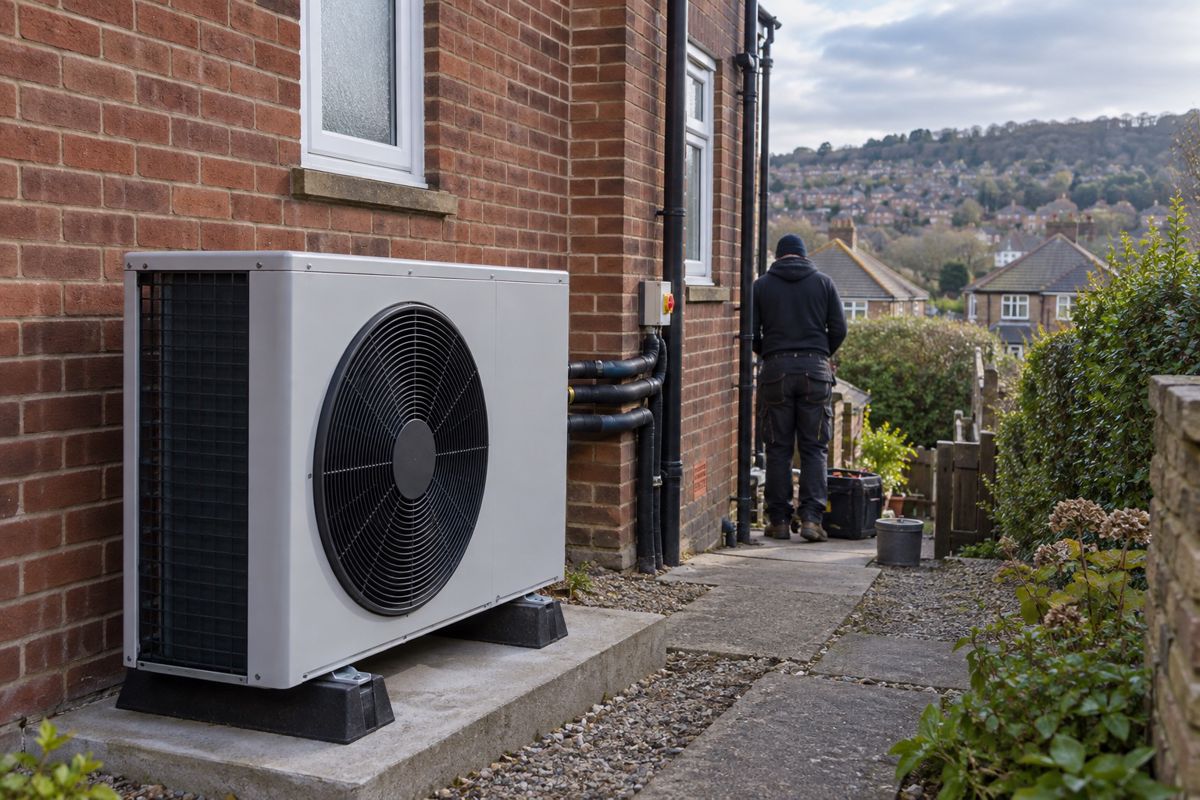 Air source heat pump beside the wall of a 1930s semi