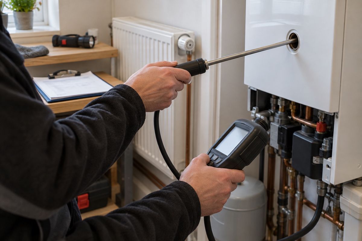 Engineer testing a boiler during a yearly service in a utility room